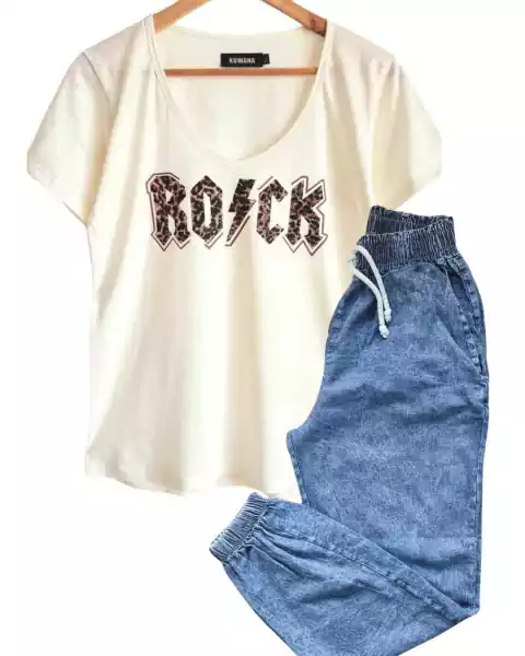 Combo Remera V ROCK FLAME + Babucha jogger DENIM (40 AL 48)