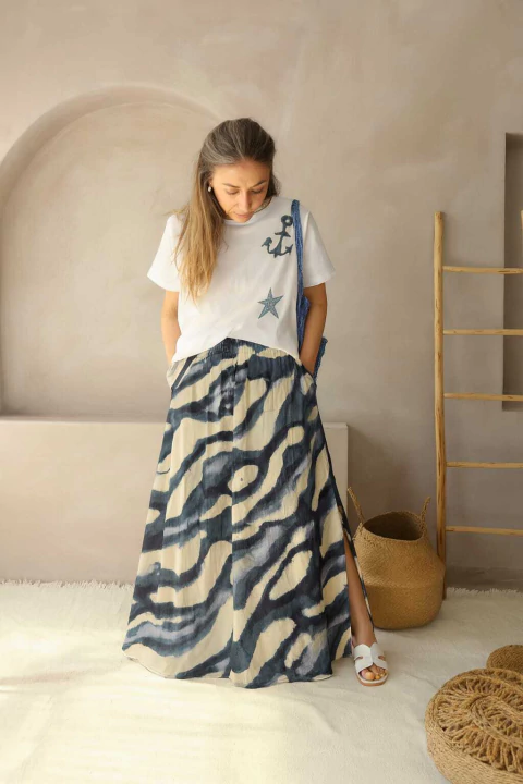 MAXI FALDA Sedita PRINT CREAM BLUE ( 40 al 50 ) - - comprar online