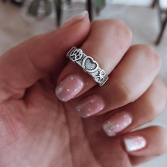 Anillo tramado con huellita, corazón y gatito Plata 925