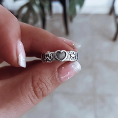 Anillo tramado con huellita, corazón y gatito Plata 925 - Ni idea