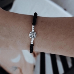Pulsera cristales negros san Benito Acero blanco 18 cm