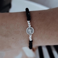 Pulsera cristales negros san Benito Acero blanco 18 cm - comprar online