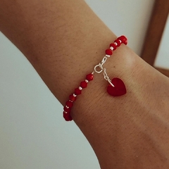 Pulsera cristales rojos con corazón 17.5 a 18.5 cm Plata 925