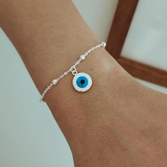 Pulsera con bolitas y ojito turco Acero blanco 17 a 20 cm