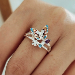 Anillo mariposa esmaltada con flores y cubics Plata 925