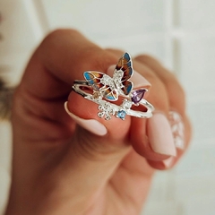 Anillo mariposa esmaltada con flores y cubics Plata 925 - Ni idea