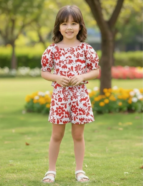 Conjunto Infantil Feminino Blusa + Short Floral Vermelho Kyly - comprar online