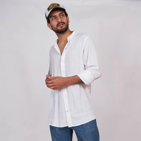 Camisa Lino Cuello Mao M Larga Blanca - comprar online