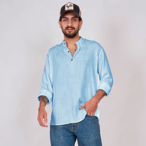 Camisola de Lino Cuello Mao M Larga Celeste - comprar online