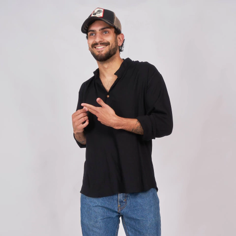 Camisola de Lino Cuello Mao M Larga Negro - comprar online