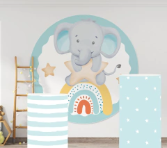 Banner Imprimible Elefante y arcoiris circular y fundas para mesas cilindricas