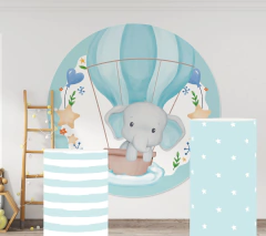 Banner Imprimible Elefante Viajero circular y fundas para mesas cilindricas