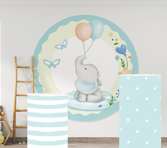 Banner Imprimible Elefante y Globos circular y fundas para mesas cilindricas