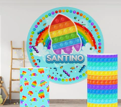 Banner Imprimible Pop it Memphis Circular y fundas para mesas cilindricas