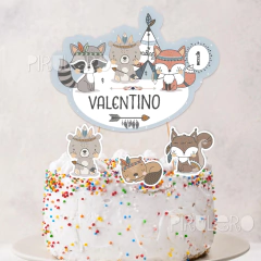 Cake topper Animales del bosque tribal Celeste