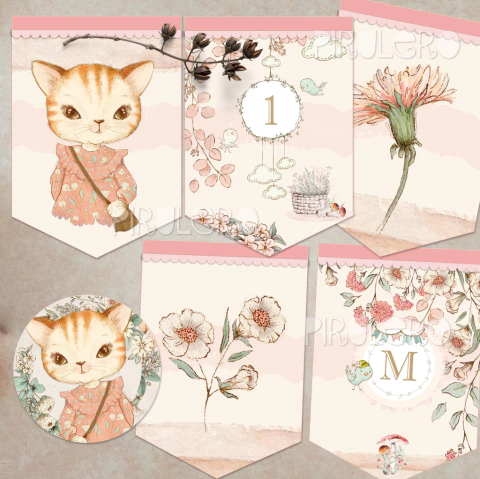Kit Imprimible Gatita Amber _ Coleccion Bosque Vintage