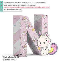 Kit imprimible letras 3d Gatito unicornio Abecedario + Power point