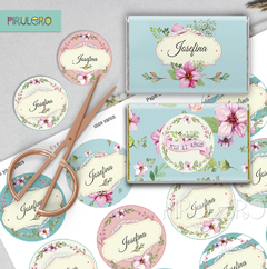 Kit imprimible Shabby chic Acqua rayas y flores - comprar online