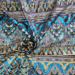 Tecido Tule Bordado com Paetê Étnico Turquesa e Dourado - loja online