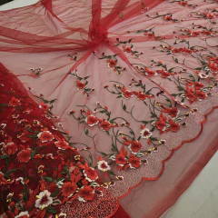 Tecido Tule Vermelho Bordado no Barrado com Flores - comprar online