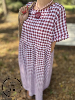 Vestido · Flora · oversize super amplio Largo Cuadrille Vichy Bordó - comprar online