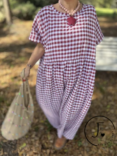 Vestido · Flora · oversize super amplio Largo Cuadrille Vichy Bordó