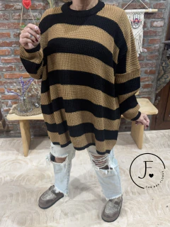 Maxi Sweater • Flora • Rayado Negro y calabaza , super ancho oversize