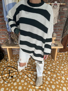 Maxi Sweater • Flora • Rayado Natural y verde botella super ancho oversize en internet