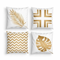 Kit 4 Capas Almofadas Decorativas Folhagem Dourada