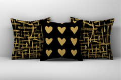 Kit 3 Capas de Almofadas Decorativas Abstrato Preto e Dourado Corações - Md066