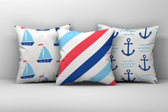 Kit 3 Capas de Almofadas Decorativas Infantil Ancora e Barco Listras Azul e Branco 008