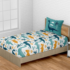 Jogo De Cama Infantil 2 Peças Lençol Elástico + Fronha Dinossauro Amarelo e Verde - Arte e Cores
