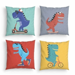 Kit 4 Capas Almofadas Decorativas Infantil Dinossauro Radical Quarto de Menino