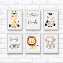 Quadro Decorativo Infantil Safari Baby Aquarela - Kit com 6 unidades