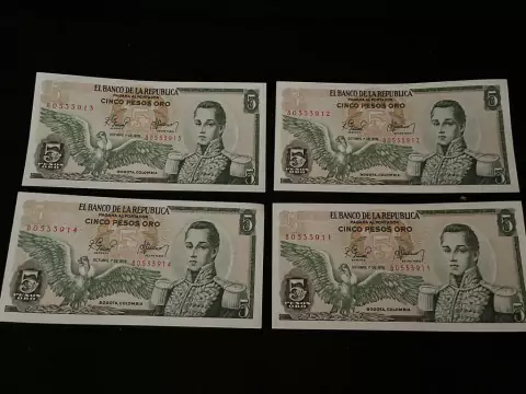 Billete de cinco pesos -Banco de la república - 4 billetes Serie Consecutiva ( perfecto estado) coleccionables Año 1.978