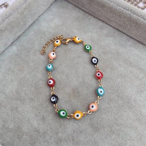 Pulsera Ojitos Esmaltados Gold - Acero Dorado H6
