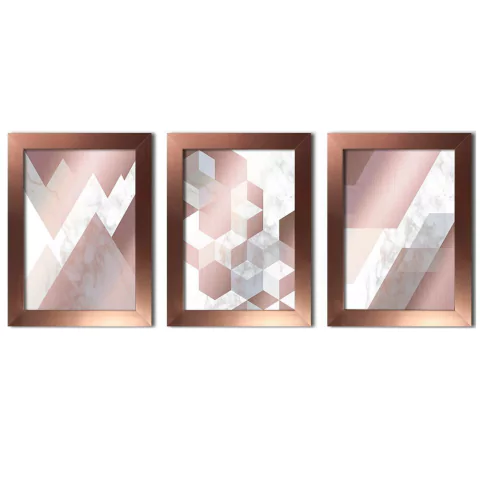 Conjunto Kit 3 Quadros Abstrato Moderno Moldura Rosê