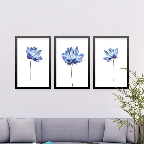 Conjunto Kit 3 Quadros Arte Floral Azul