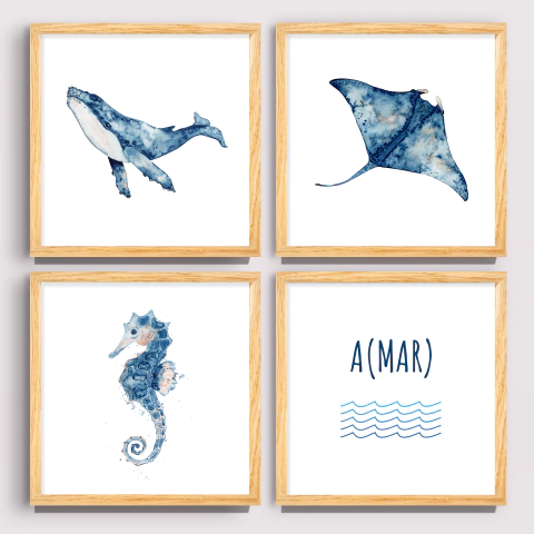 Animais Marinhos - (A)MAR - Kit 4 Quadros - Los Quadros | Quadros para sua decoração