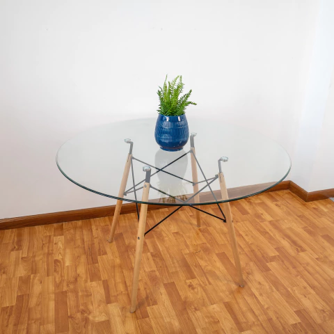 Mesa de vidrio redonda Eames 100cm pata madera - comprar online