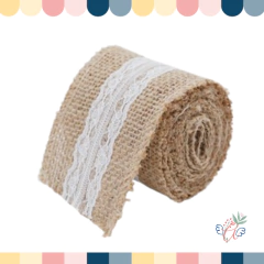 ROLLO DE ARPILLERA NATURAL CON CENTRO ENCAJE BLANCO 6 cm X 2 Mts.