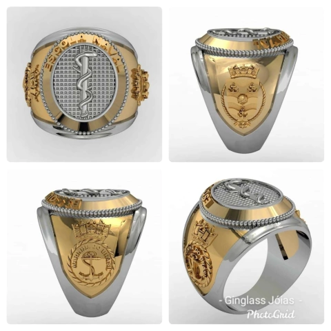 Anel de medicina da escola naval em ouro (750) 18k com prata de lei 950