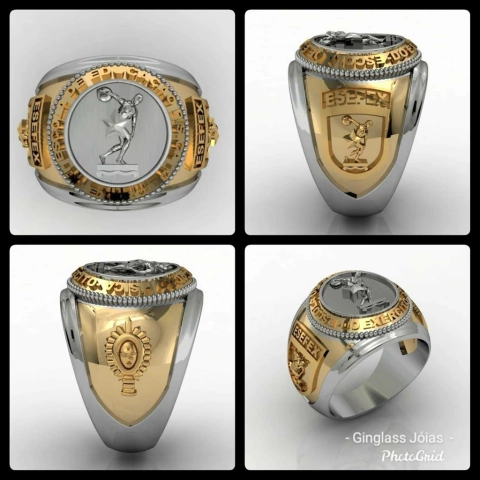 Anel da escola de educação física do exército (EsEFEx) em ouro (750) 18k com prata de lei 950
