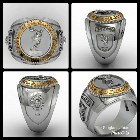 Anillo de la Escuela de Educación Física del Ejército (EsEFEx) en plata de ley (950) con oro de 18 k (750)