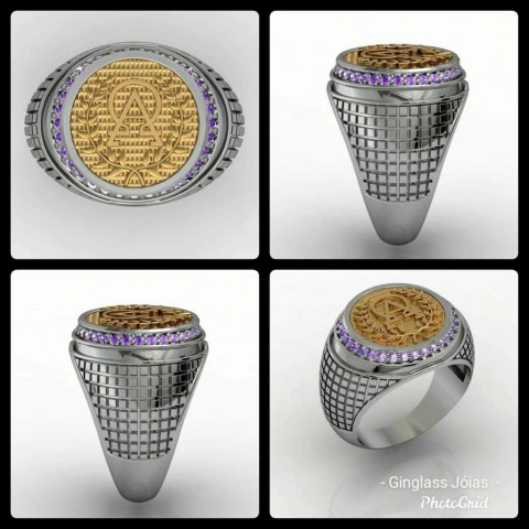 Anel teologia alfa e omega em prata de lei com ouro 750 18k