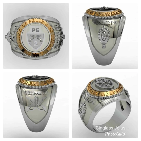 Anillo del 2do batallón de la policía del ejército en plata de ley (950) con oro de 18 k (750)