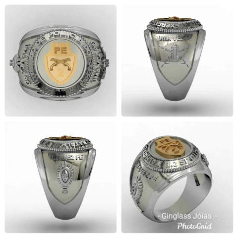Anillo del 2do batallón de la policía del ejército en plata de ley (950) con oro de 18 k (750)