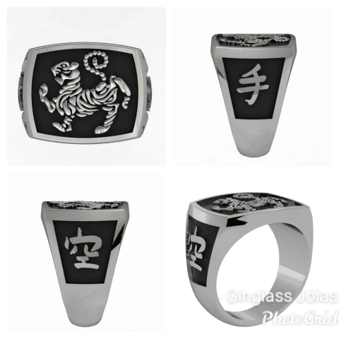 Anillo de Karate Shotokan con tigre en plata de ley