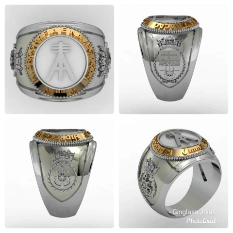 Hydrography and navigation ring in sterling silver with 18k gold