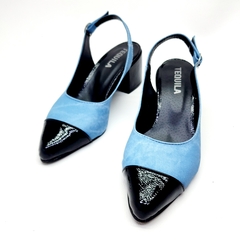 Stilettos tipo Chanel modelo COCÓ simil Jean con charol negro - Tequilaonline